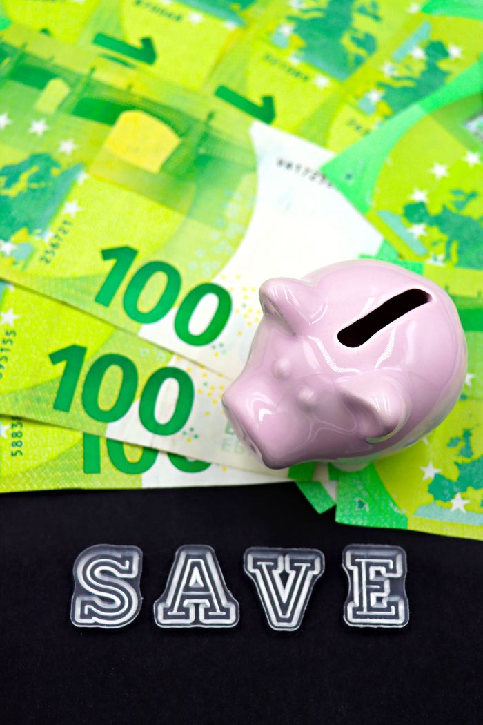 Pink piggy bank on Euro banknotes with SAVE text, symbolizing financial savings.
